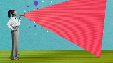 Person holding microphone speaking bright colours